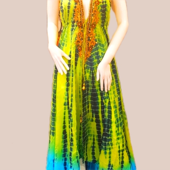 *LAST ONE*MANISH VAID- LIME Grn & Blue TIE Dye SILK Hi-Lo Cry. DRESS-NWT-O/S - Picture 1 of 9